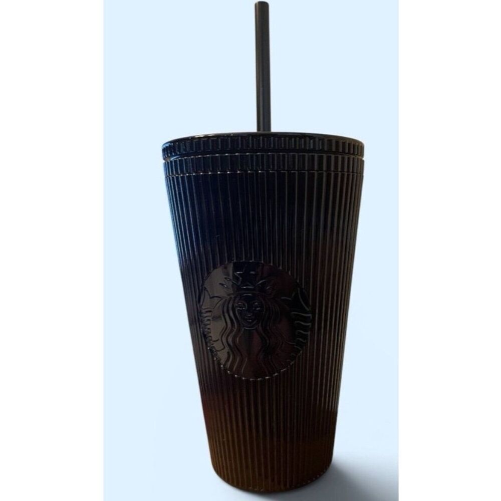 Starbucks Tall Black Pleated Plastic Cold Cup With Straw And Lid 16 fl oz New